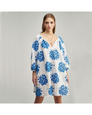 White Blue Flower Tunic Dress