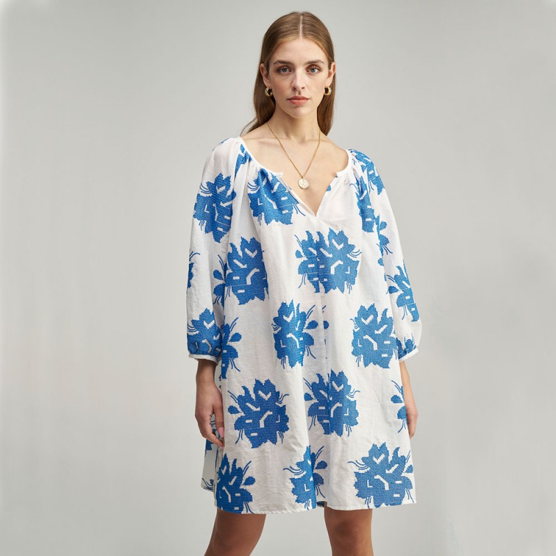 White Blue Flower Tunic Dress