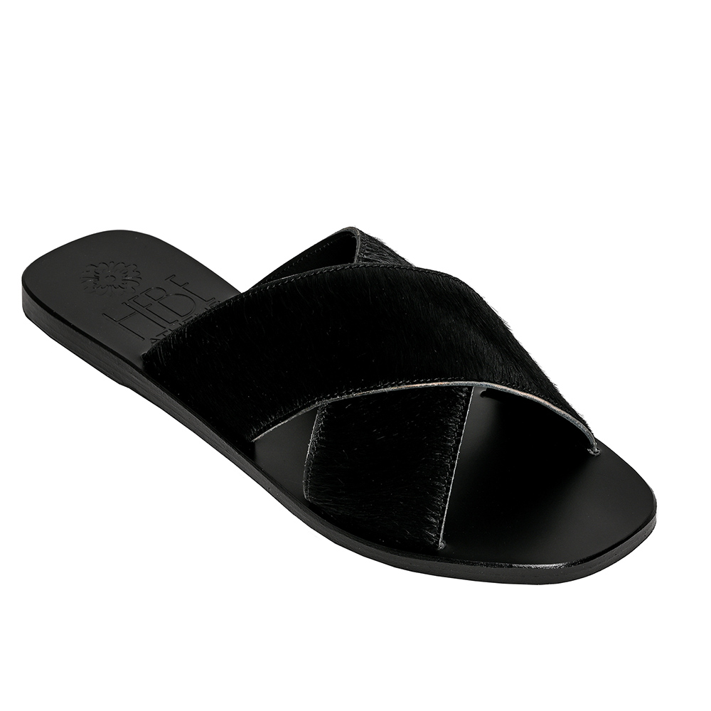 Ekati Black Pony Leather Sandals