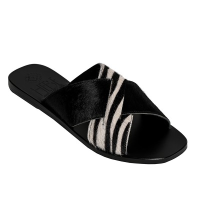 EKATI Zebra Black Pony Leather Sandals