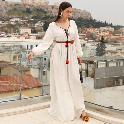 White Maxi Caftan Dress with Embroidered Details