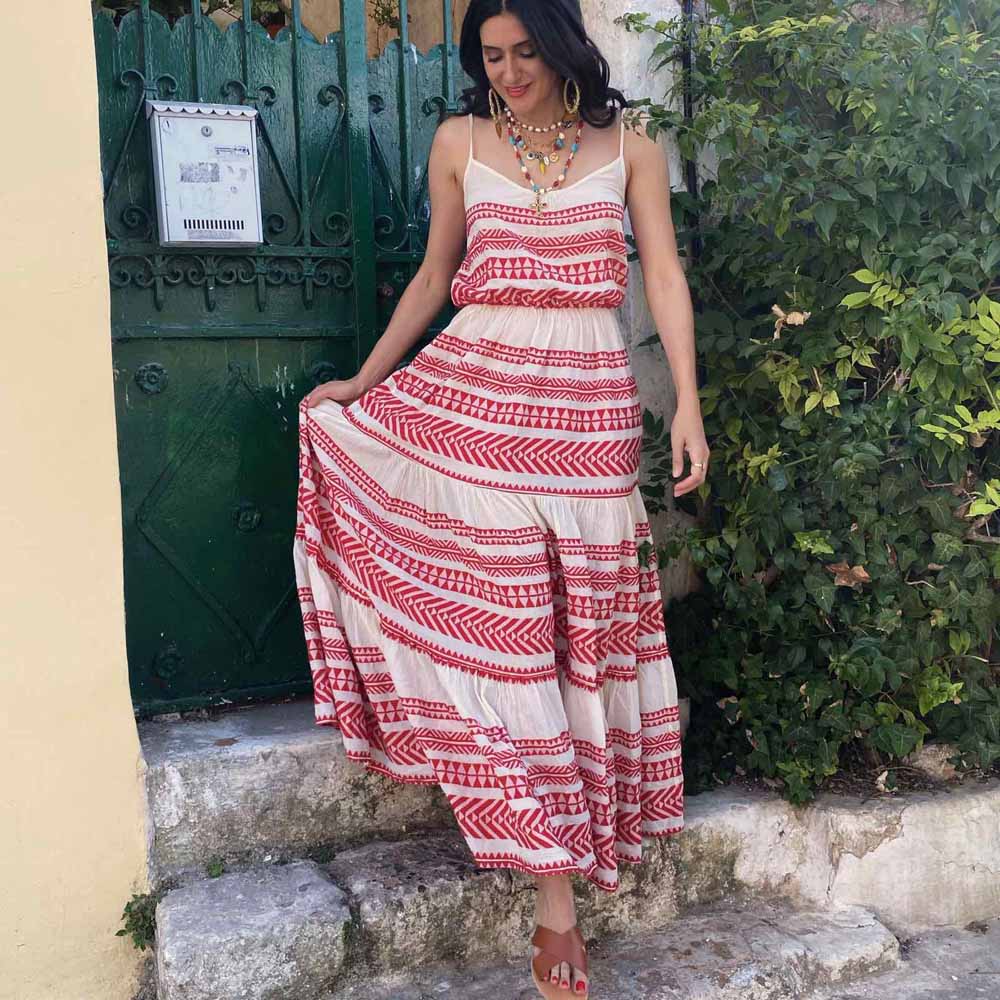 Red & Off White Maxi Dress
