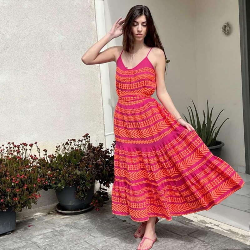 Arsida Neon Orange Fushia Dress