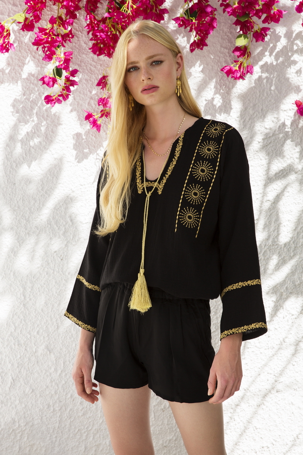 Alkyone Black Gold Cotton Embroidered Top