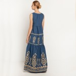Kori Feather Sleeveless Blue Gold Long dress