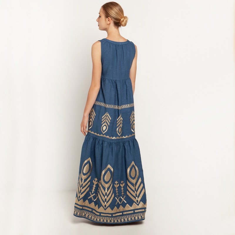 Kori Feather Sleeveless Blue Gold Long dress